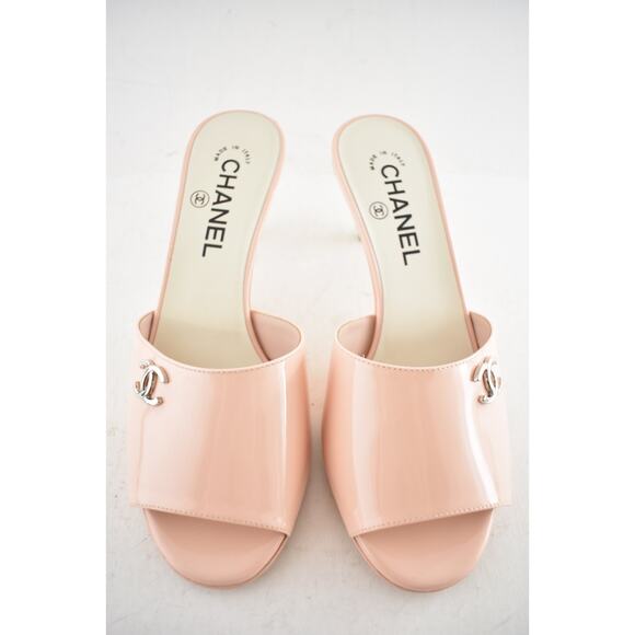 Chanel 23S Pink Patent Leather CC Logo Pearl Heel Backless Mule Sandal Pump 37 - Picture 8 of 15